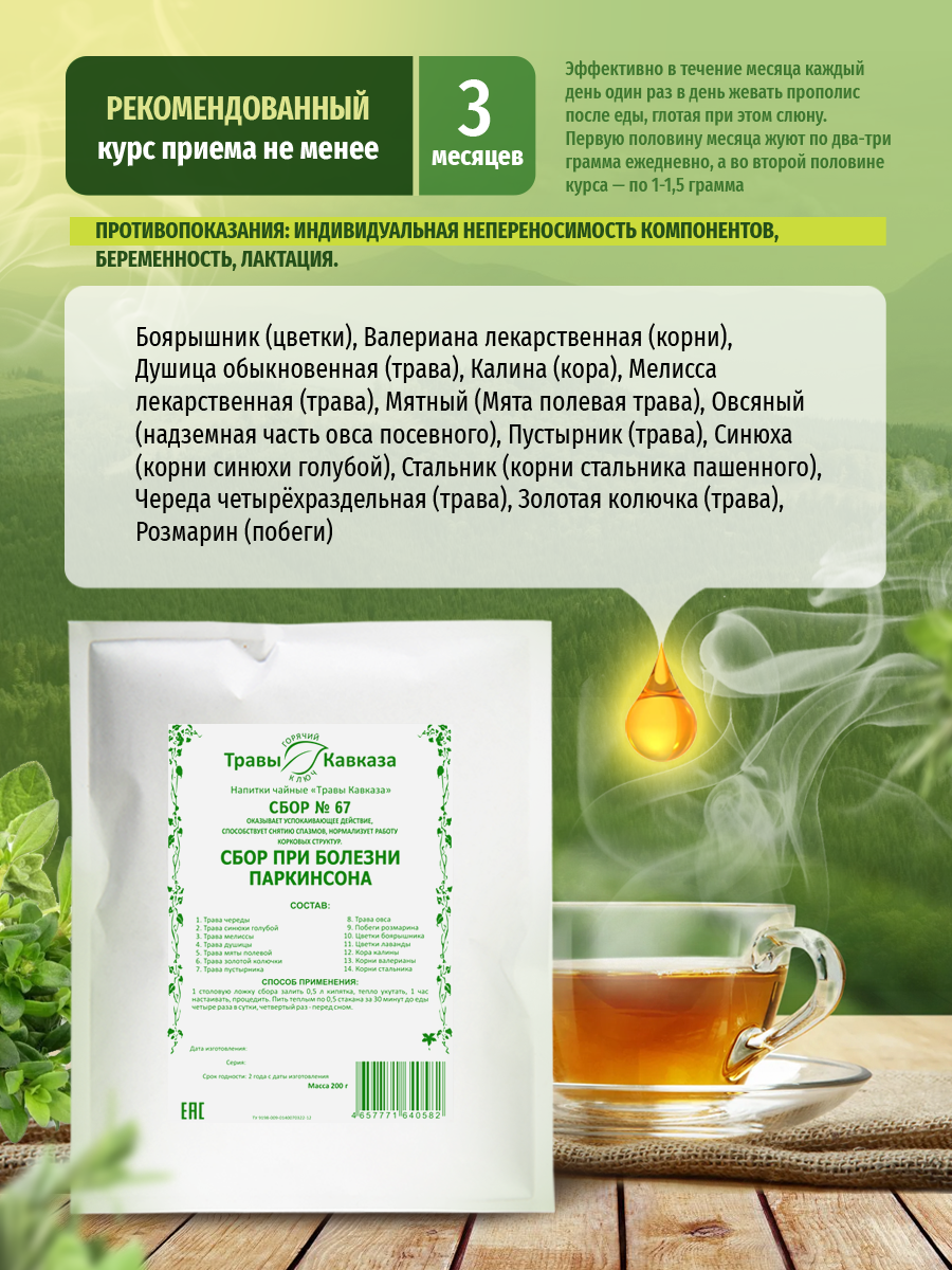 Изображение Травяной бор "Травы Кавказа" № 67, для помощи при болезни Паркинсона