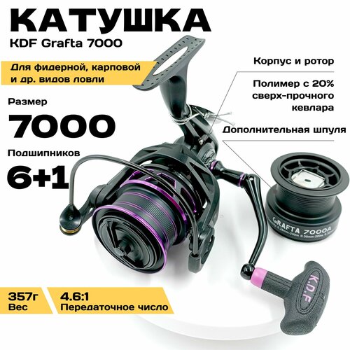 Катушка рыболовная для фидерной, карповой ловли, KDF Grafta 7000 с дополнительной шпулей, корпус полимер с кевларом, 6+1 планетарный, Передаточное число 4.6:1