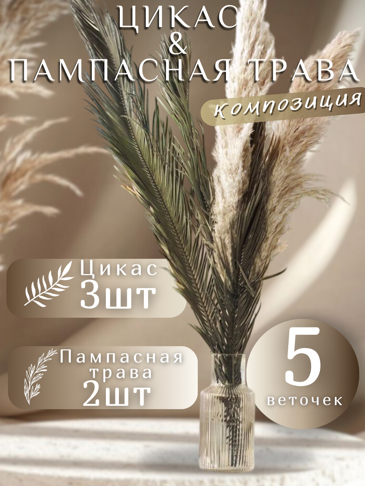 Букет сухоцветов Lampas Pampas цикас пампасная трава 5 шт высота 80см