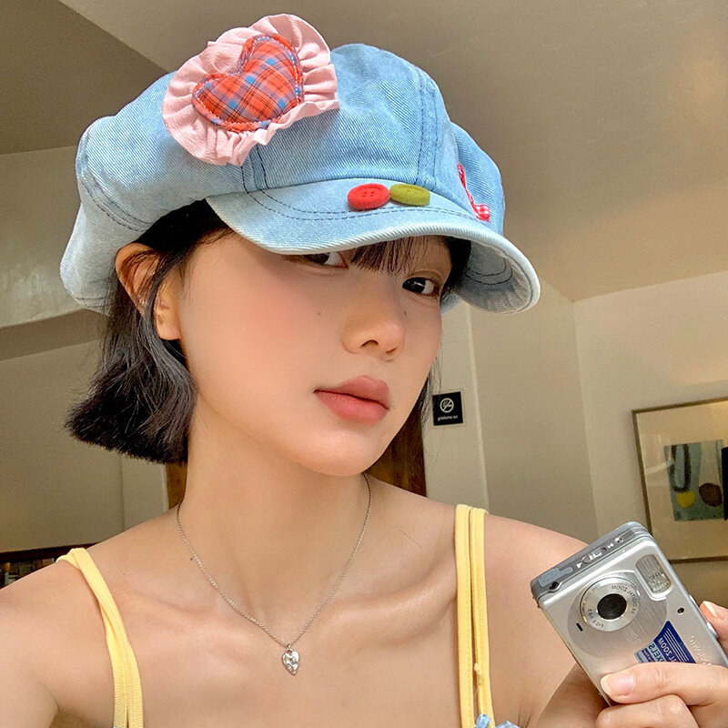 2025 Новый японский джинсовый берет на пуговицах, женский летний сладкий и милый солнцезащитный козырек, восьмиугольная шляпа с облаком любви
