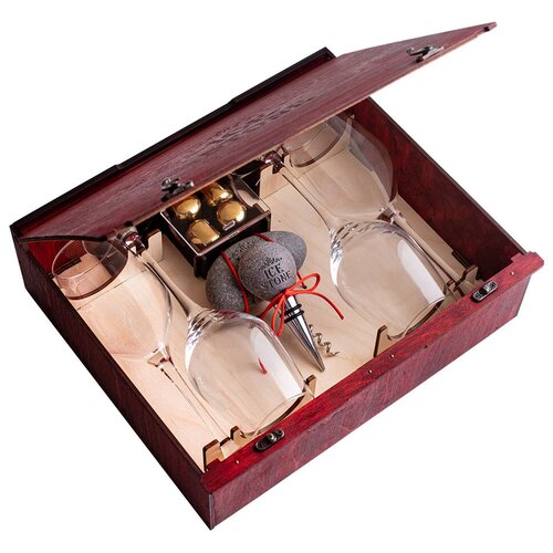 Подарочный Винный набор деревянная коробка красная (4 бокала, 4 жемчужины, штопор, пробка для бутылки)
