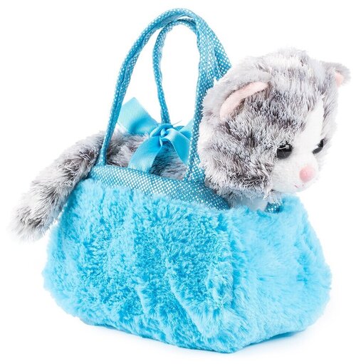 Мягкая игрушка FANCY Котик в сумочке-переноске, 18 см, серый/голубой