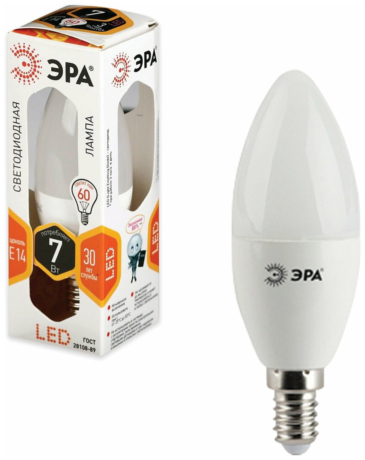 Лампа светодиодная ЭРА, 7 (60) Вт, цоколь E14, "свеча", теплый белый свет, 30000 ч, LED smdB35-7w-827-E14