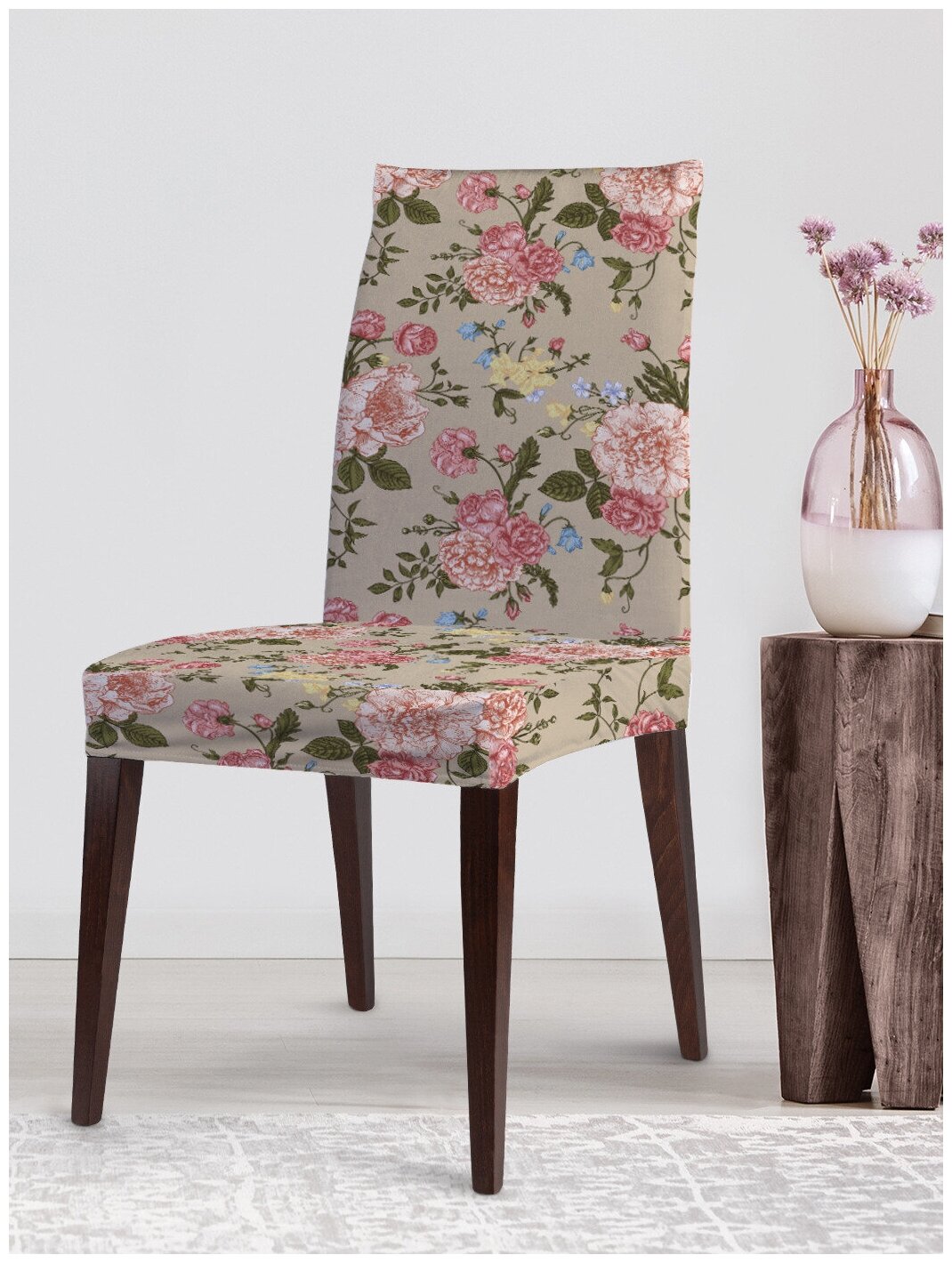 Декоративный чехол на стул JoyArty "Нежные розовые цветы" со спинкой велюровый