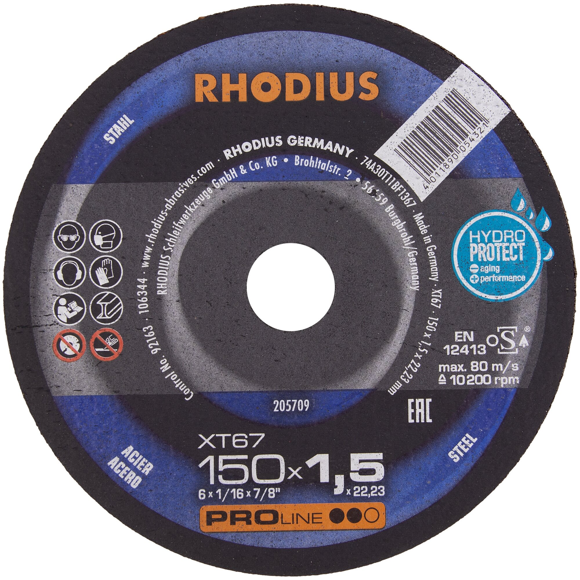 Отрезной прямой тонкий диск RHODIUS по стали XT67 для болгарки/УШМ, чистый рез без искр, 150 x 1,5 x 22,23 мм