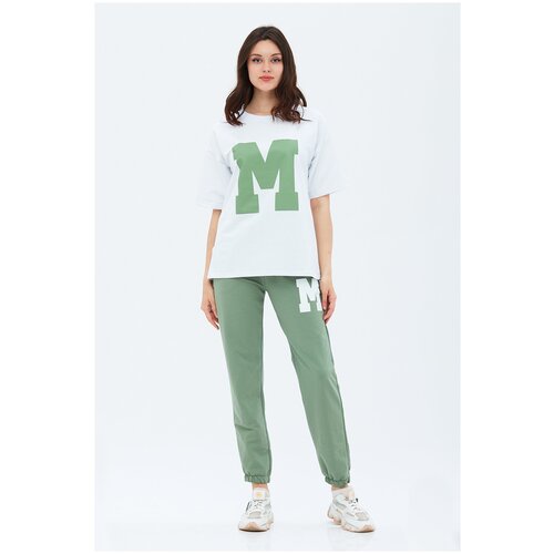 фото Костюм спортивный женский only luck весенний комплект футболка и джоггеры из футера большие размеры для беременных tv-k04 белый хаки