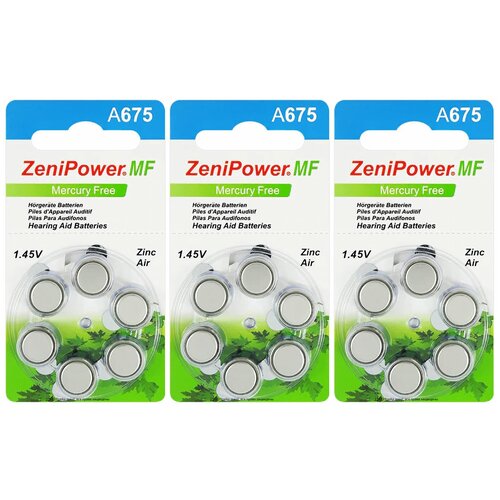 Батарейки ZeniPower 675 (PR44) для слухового аппарата, 3 блистера (18 батареек)