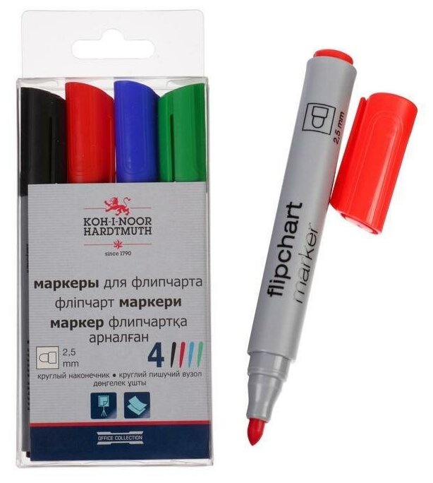 Набор маркеров для флипчарта 4 цвета, 2,5 мм Koh-I-Noor 1405/4, круглые, пластиковая упаковка, европодвес