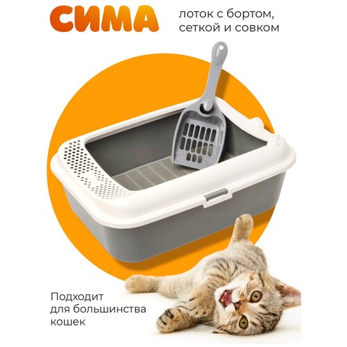 Лоток с бортом, сеткой и совком Джи Пи Ай Сима 39х30х13,5 см, серый
