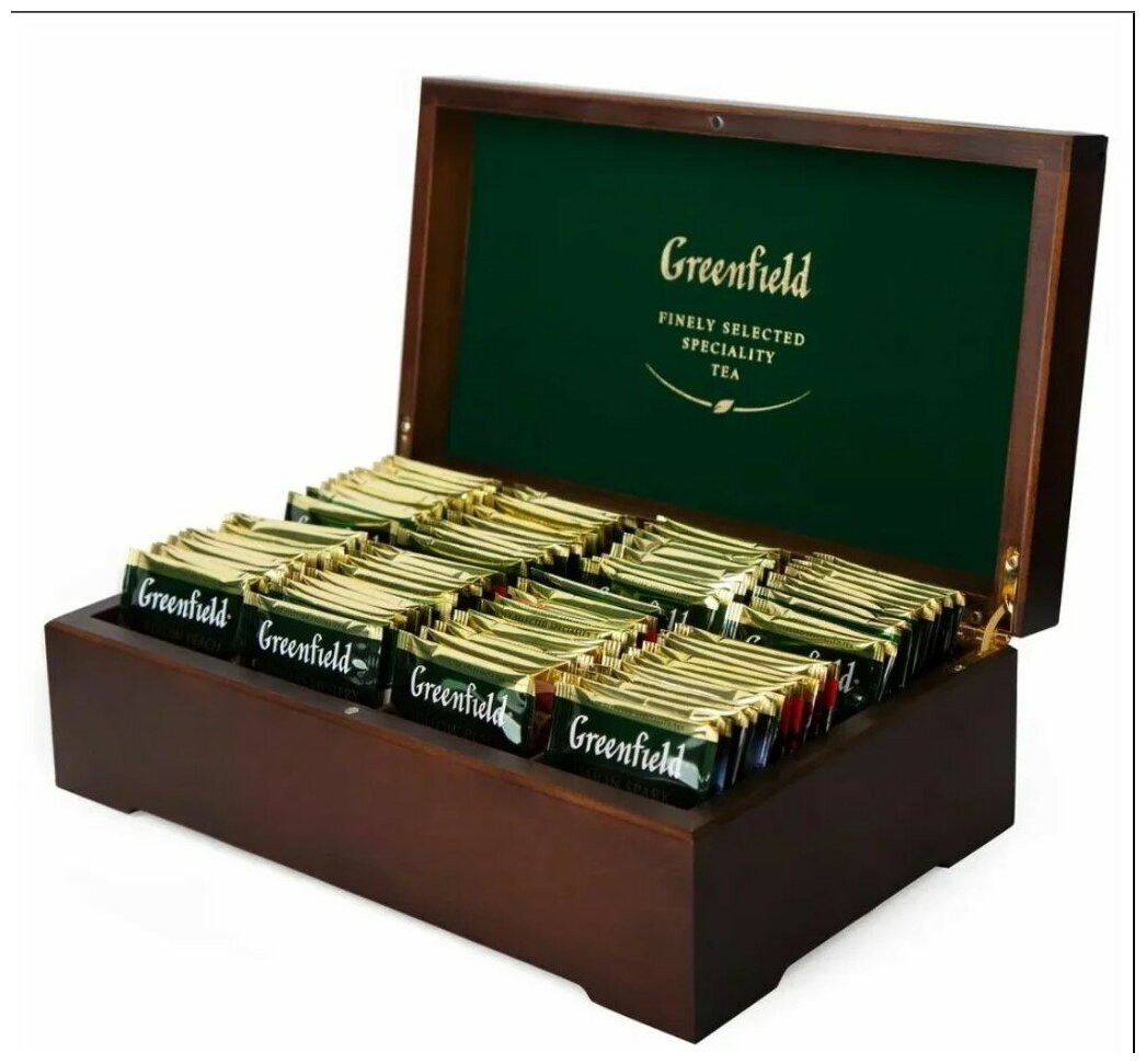 Чай GREENFIELD (Гринфилд), набор 96 пакетиков (8 вкусов по 12 пакетиков) в деревянной шкатулке, 177,6 г