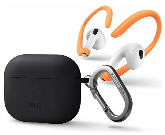 Чехол с карабином Uniq NEXO Liquid silicone + Sports ear hooks (AIRPODS(2021)-NEXOGRY) для AirPods 3, серый