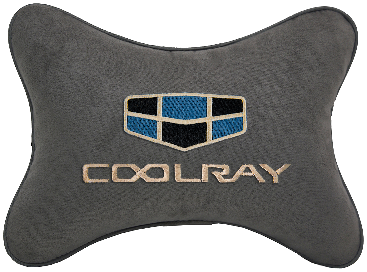 Автомобильная подушка на подголовник алькантара D.Grey с логотипом автомобиля GEELY Coolray