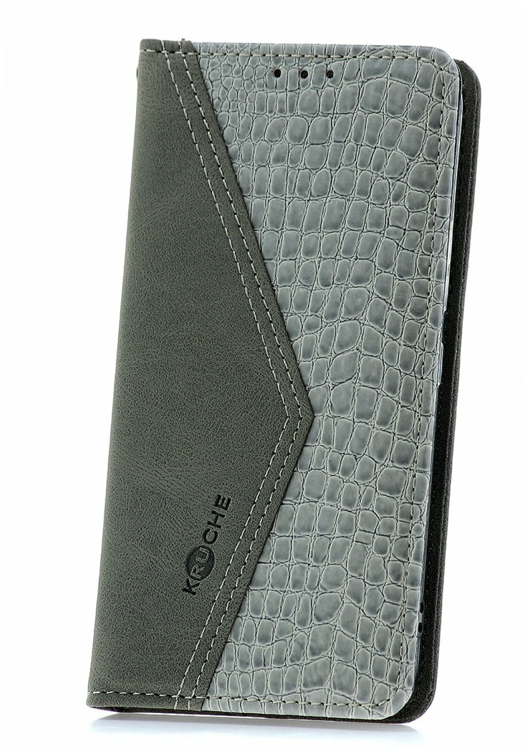 Чехол книжка для Samsung Galaxy S22 Ultra Kruche Croc Grey кейс из экокожи с отделением для карт и визиток противоударный чехол портмоне с подставкой