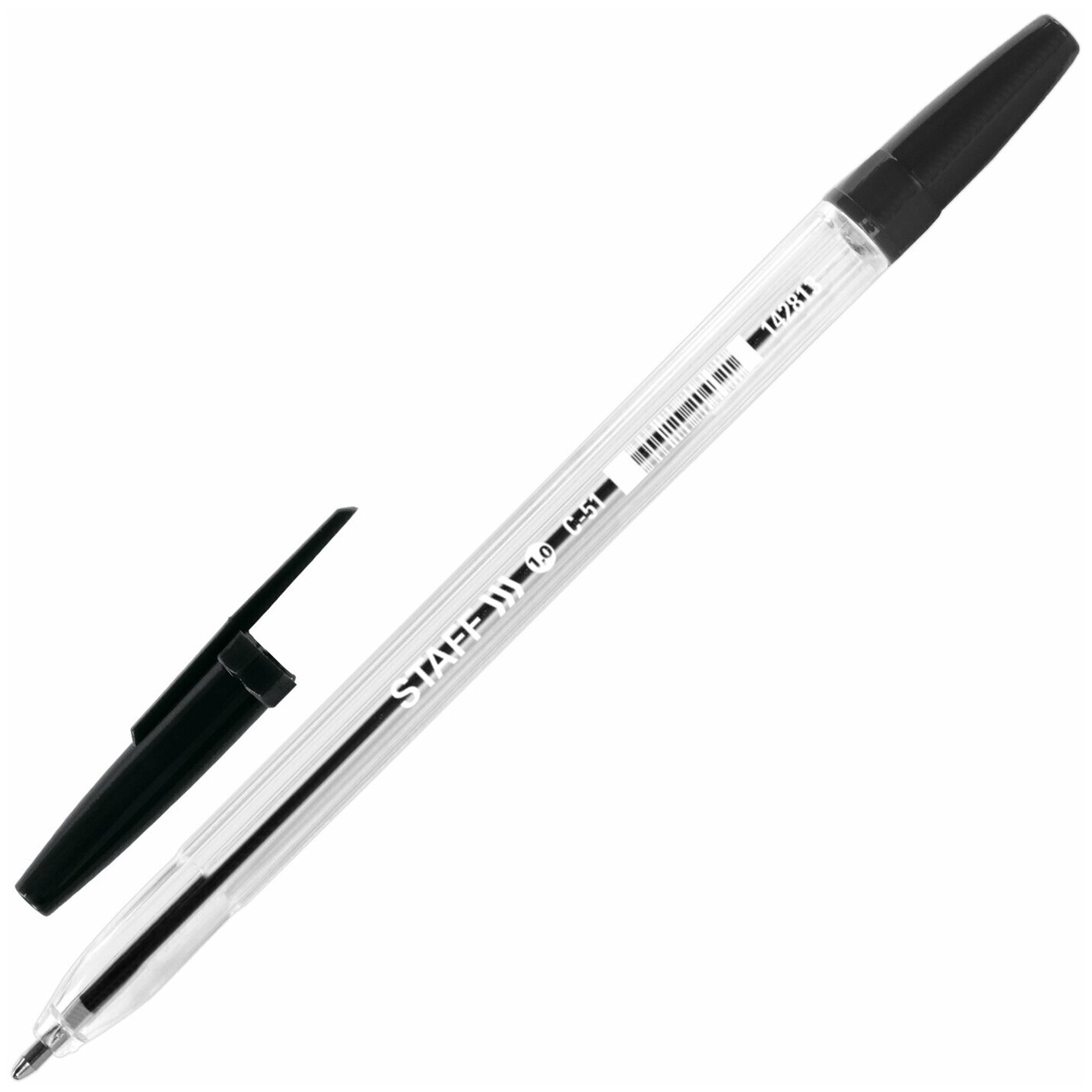 Ручка шариковая STAFF "C-51", черная, корпус прозрачный, узел 1 мм, линия письма 0,5 мм, 142813 - 100 шт.