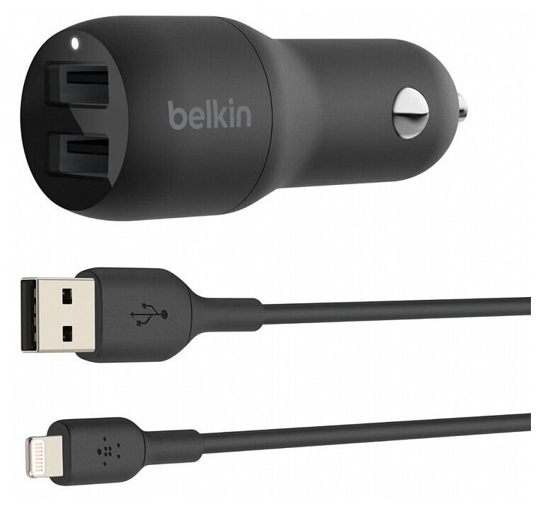 Автомобильное зарядное устройство Belkin 2 x USB-A, 12Вт x 2, кабель Lightning 1М, черный (CCD001bt1MBK)