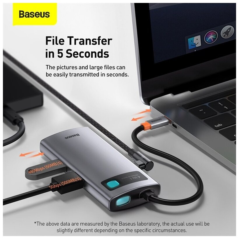 Переходник/Адаптер BASEUS Metal Gleam Series 4-in-1, Разветвитель, Type-C - USB3.0 + USB2.0 + HDMI + PD, серый