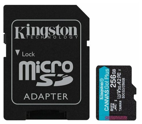 Карта памяти microSDXC UHS-I U3 Kingston Canvas Go! Plus 256 ГБ, 170 МБ/с, Class 10, SDCG3/256GB, 1 шт, переходник SD