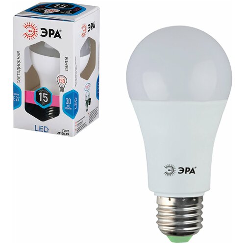 Лампа светодиодная ЭРА, 15 (130) Вт, цоколь E27, груша, холодный белый свет, 25000 ч, LED smdA60-15w-840-E27