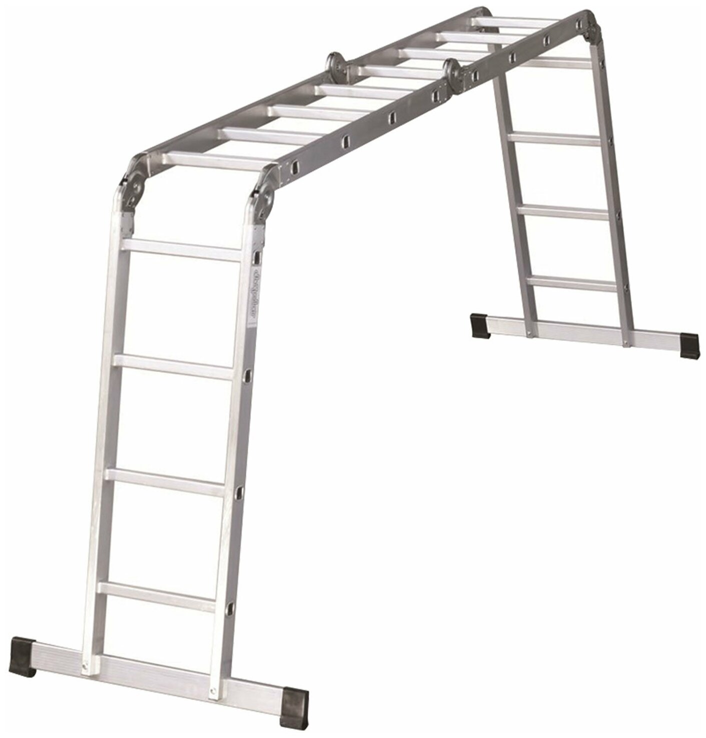 Лестница-трансформер алюминиевая 4×4 ступеней, высота 4,5 м (4 секции по 1,27 м), нагрузка 150 кг, вес 12,9 кг, 511444