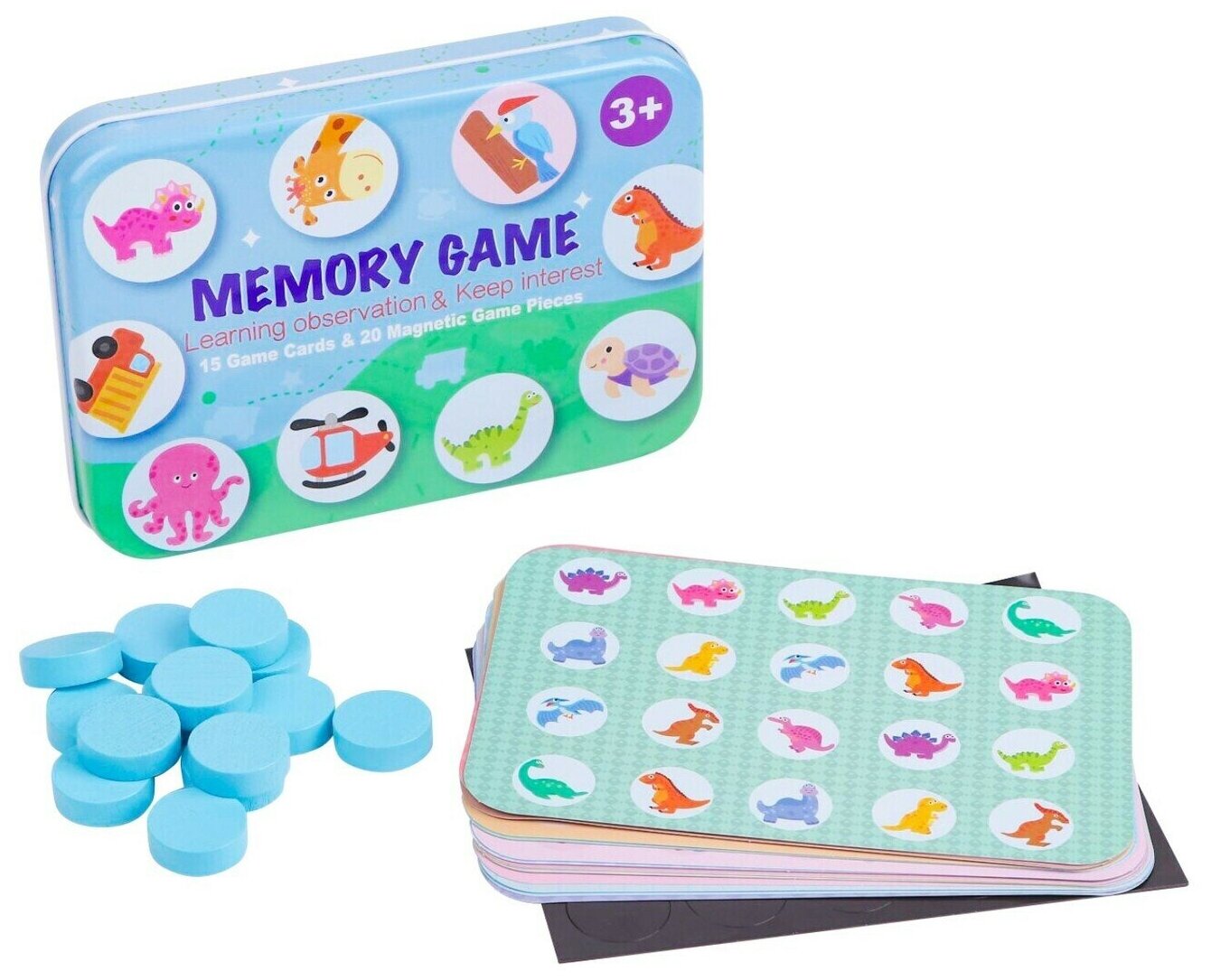 Деревянная развивающая игра для детей Мемори в металлической коробке, игра на память, головоломка, мемо, 15 двусторонних карточек, 20 магнитных фишек