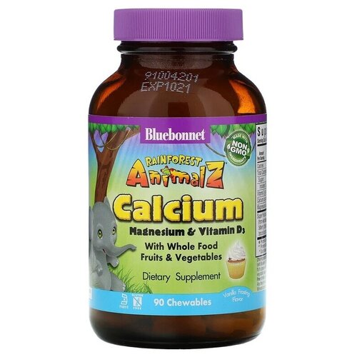 Bluebonnet Nutrition Rainforest Animalz Calcium Magnesium & Vitamin D3 (кальций, магний и витамин) натуральная ваниль 90 жевательных таблеток