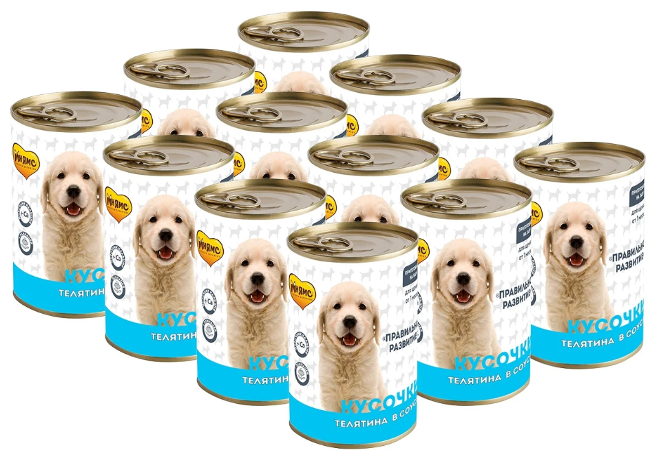 Влажный корм для собак для щенков Мнямс Правильное Развитие, в виде нежных кусочков телятины в соусе, консервы 400г (упаковка - 12 шт)