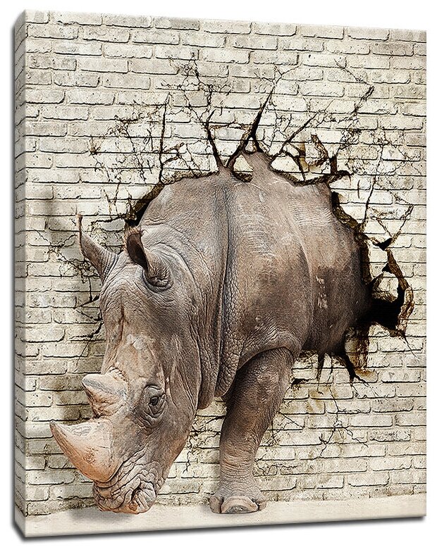 Картина Уютная стена "Носорог врывающийся сквозь стену" 50х60 см