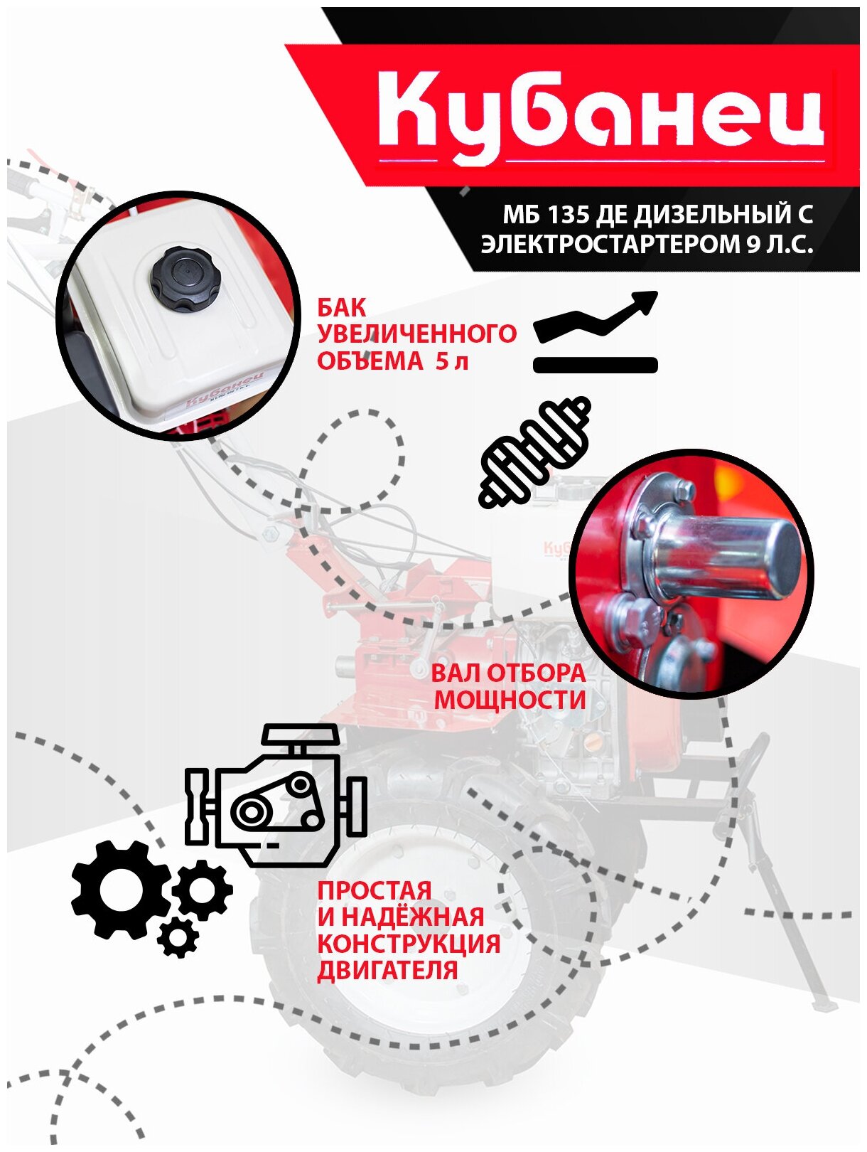 Мотоблок дизельный двигатель с электростартером кубанец культиватор садовая техника МБ 135 ДЕ с колесами 9 л.с., 3 скорости вперед, 1 назад - фотография № 3