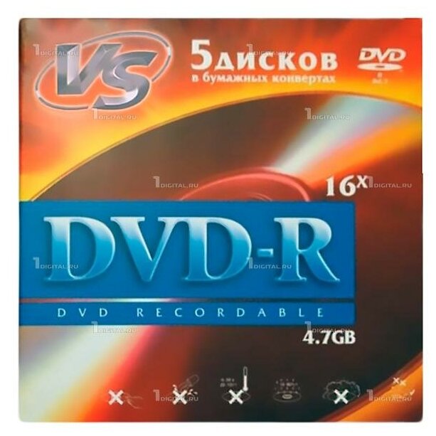 Диски VS DVD-R 4.7GB 16x (5шт.) Бумажный конверт (VSDVDRK501)