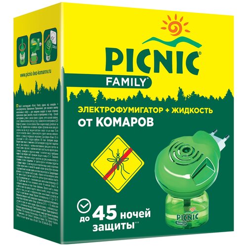 Фумигатор + жидкость Picnic Family от комаров с растительным экстрактом, 115 г, 30 мл, 45 ночей, зеленый