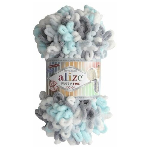 Пряжа Alize Puffy Fine Color (Пуффи Файн Колор) - 3 мотка цвет: 5939 Белый / серый / бирюза 100% микрополиэстер 100г 14м