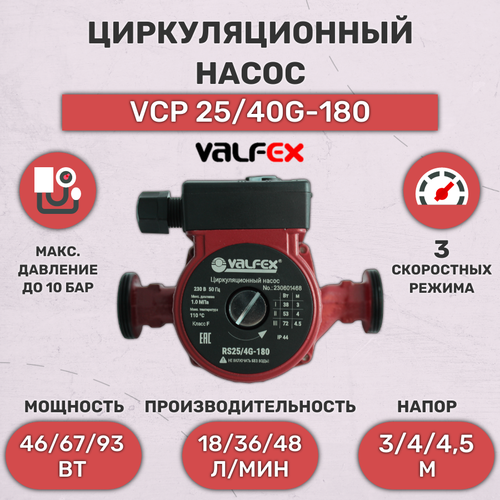 Насос циркуляционный, Valfex, VCP 25-40G180, 3 скорости, с гайками