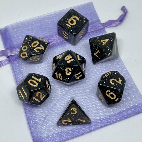Набор кубиков для игры DnD в мешочке Черный с блестками (DnD83)