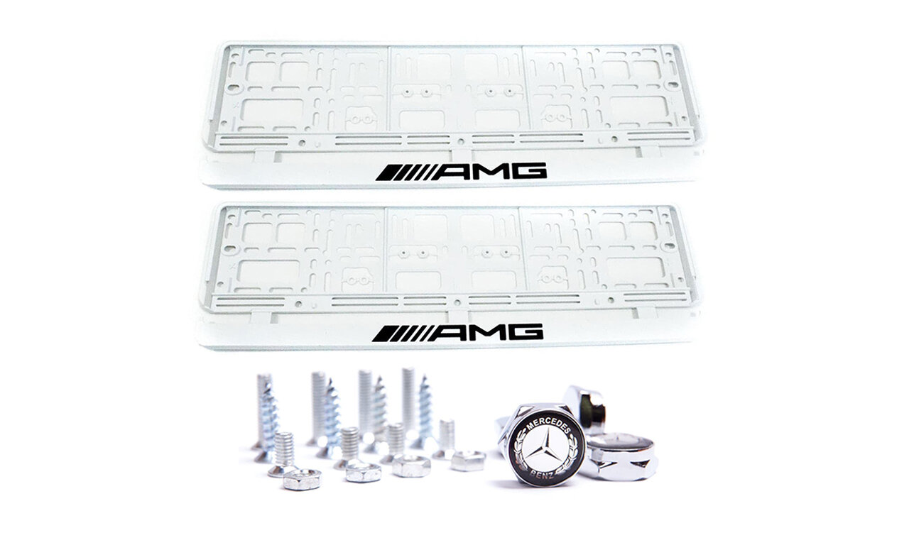 Комплект: пластиковая рамка для гос. номера AMG Белый 2шт.плюс болты для номерных знаков Mercedes 4шт.