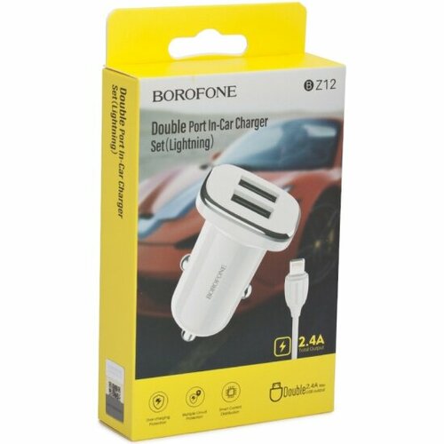 Автомобильное зарядное устройство BOROFONE BZ12 Lasting Power 2xUSB, 2.4A + кабель Lightning 8-pin, 1м (белый)