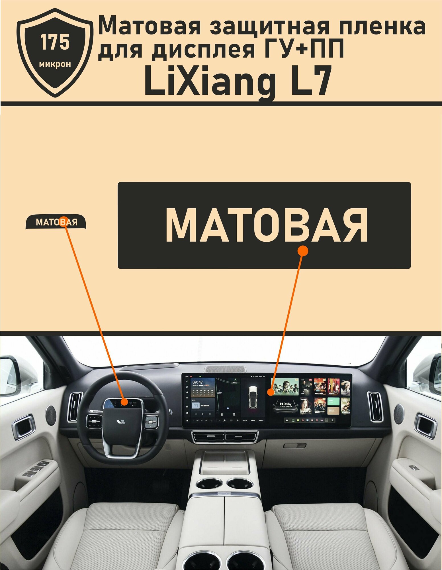 LiXiang L7/Матовая защитная пленка для дисплея ГУ + ПП