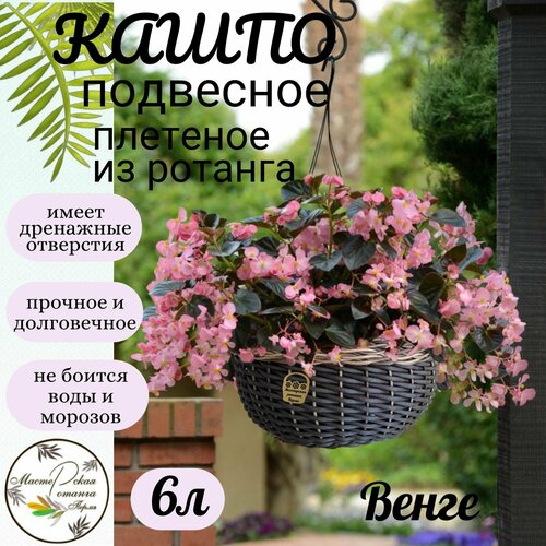 Кашпо из ротанга, подвесное, плетеное Венге, 6л, с подвесом 25см