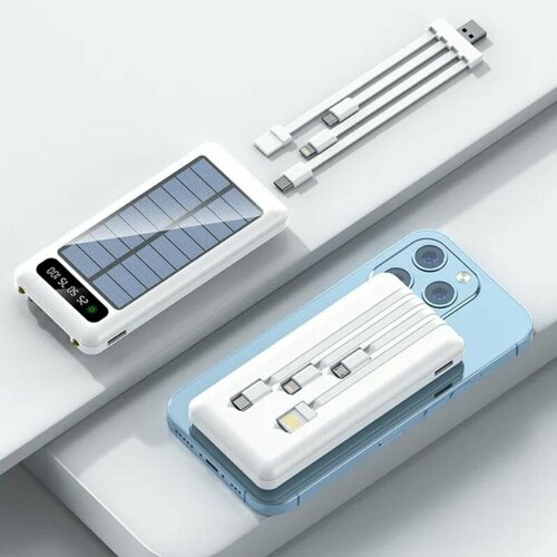 Powerbank на солнечной батарее Oarimon на 10000 мАч с индикацией с фонариком 4 встроенных кабеля Micro USB Type-C Lightning USB 2998₽