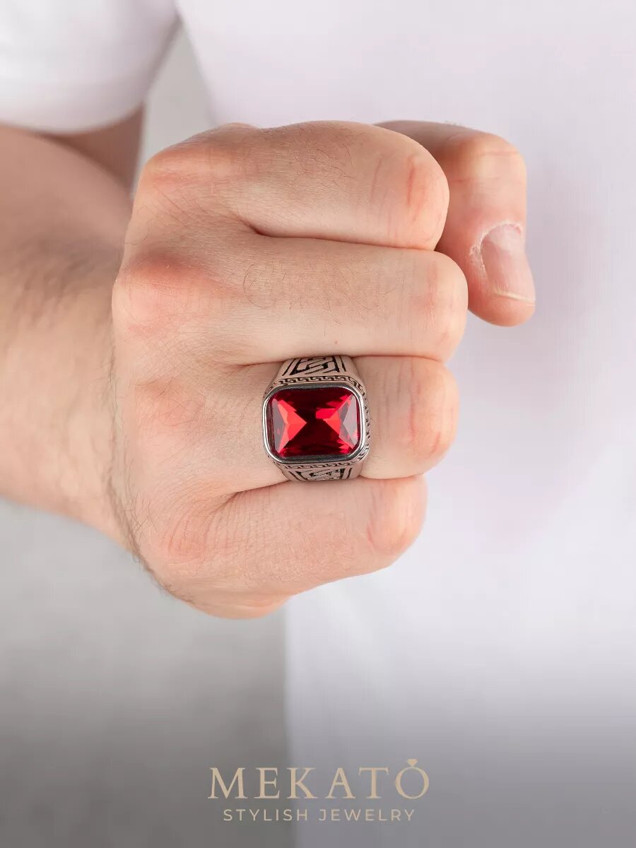 Печатка МЕКАТО, стекло, размер 19, красный, серебряный — фото 1