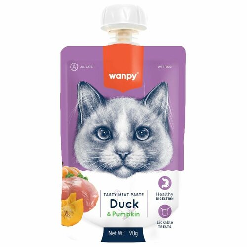 Wanpy Cat Лакомство для кошек Мясное пюре из утки и тыквы, с витаминами, 90г