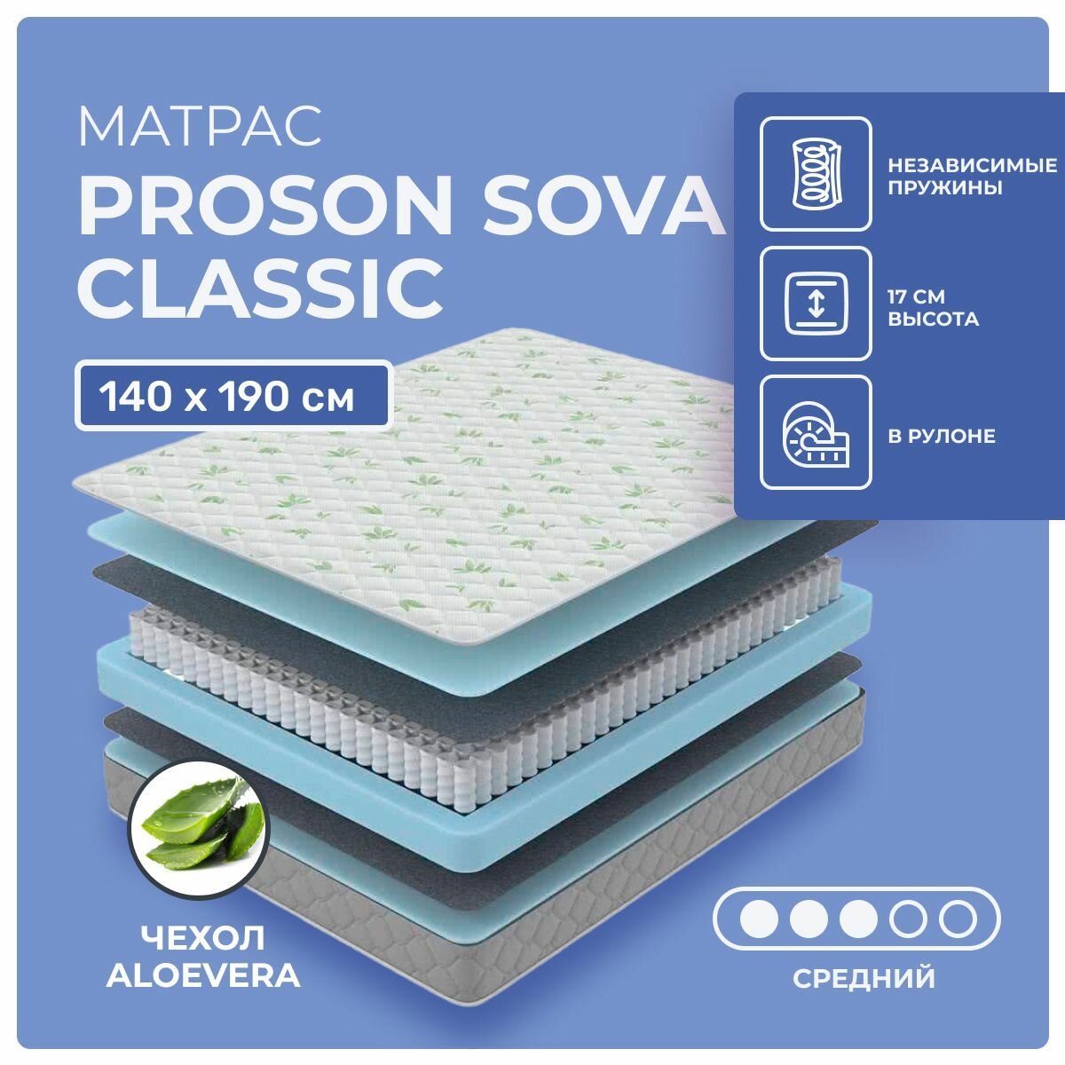 Матрас 140х190 ProSon Sova Classic, независимые пружины, двусторонний с одинаковой жесткостью, cредне-жёсткий, пенополиуретан, двуспальный 190х140, матрас Просон Сова Классик
