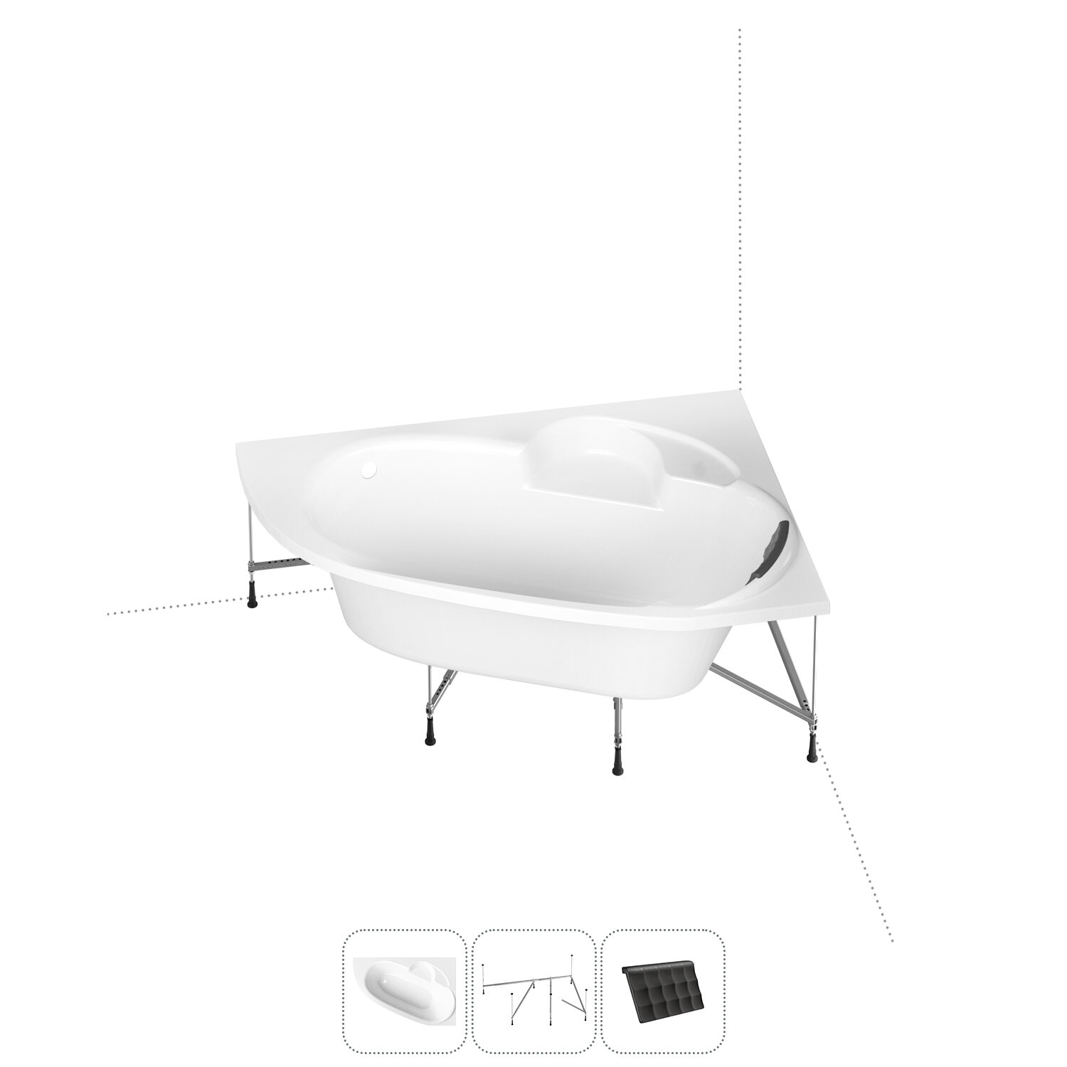 Угловая ванна акриловая 140 x 95 с каркасом Lavinia Boho Bell Pro S1-370214PR в наборе 3 в 1: асимметричная ванна (правый разворот), каркас, подголовник