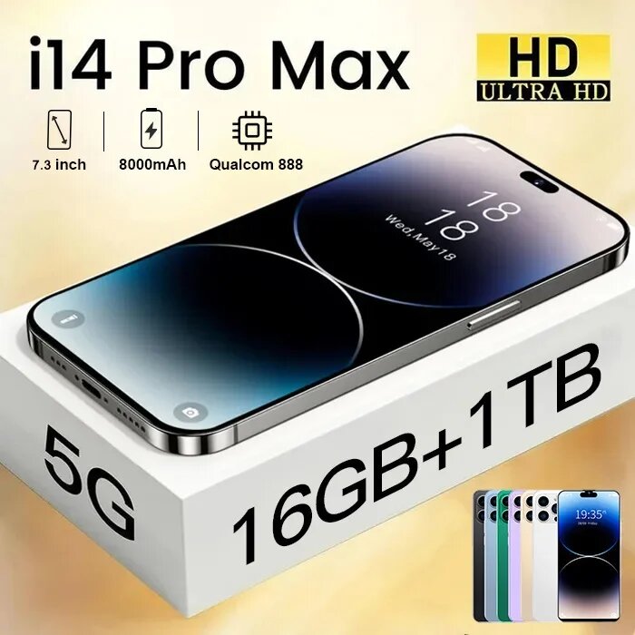 Смартфон I14ProMax, 16 ГБ + 1ТБ, 7.3-дюймовый экран, синий
