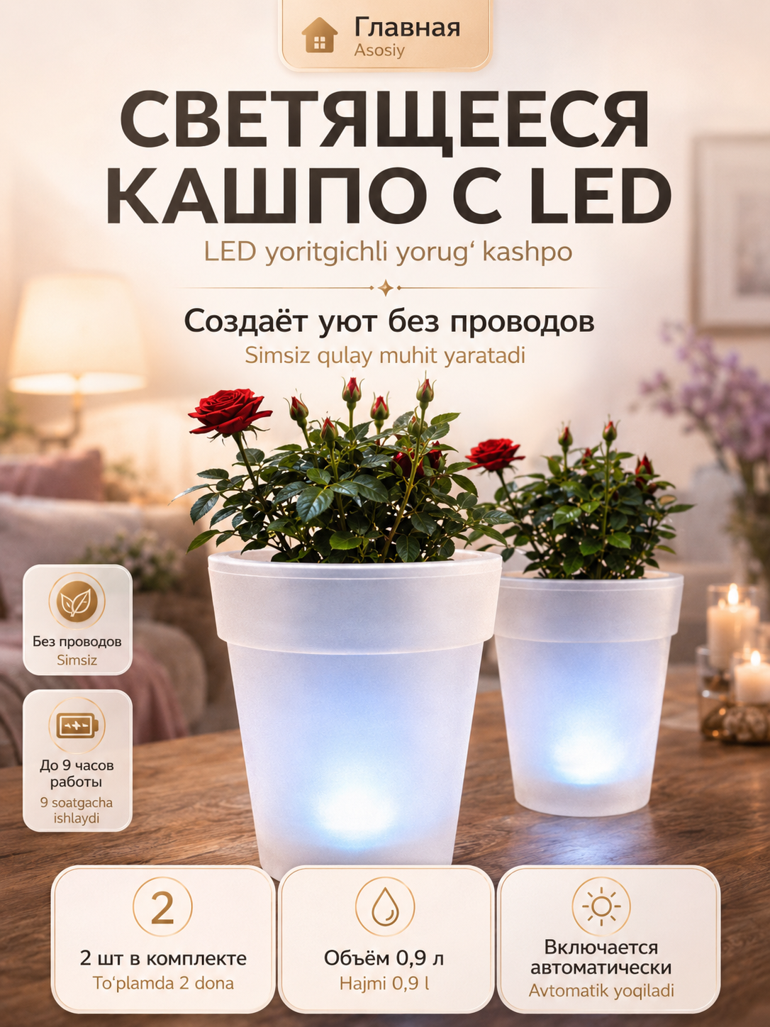 Кашпо горшок для цветов с LED-подсветкой на солнечной батарее, авто-включение 0,9л, 2шт