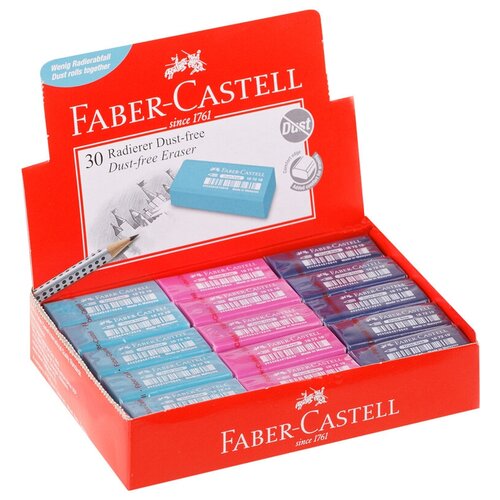 Ластик прямоугольный 30 шт Faber-Castell Dust Free в пленке, 11*18*41 мм, бирюзовый/розовый/синий