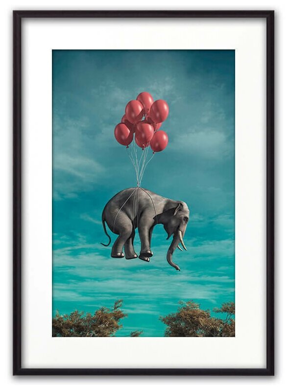 Постер в рамке Слон с шариками, 21х30 см
