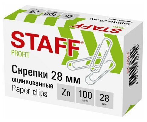 Скрепки STAFF, 28 мм, оцинкованные, 100 шт, в картонной коробке, 270451