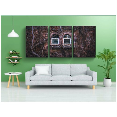 фото Набор модулных постеров для интерьера "окна, кирпич, ветви" 60x90 см. в тубусе, без рамки lotsprints