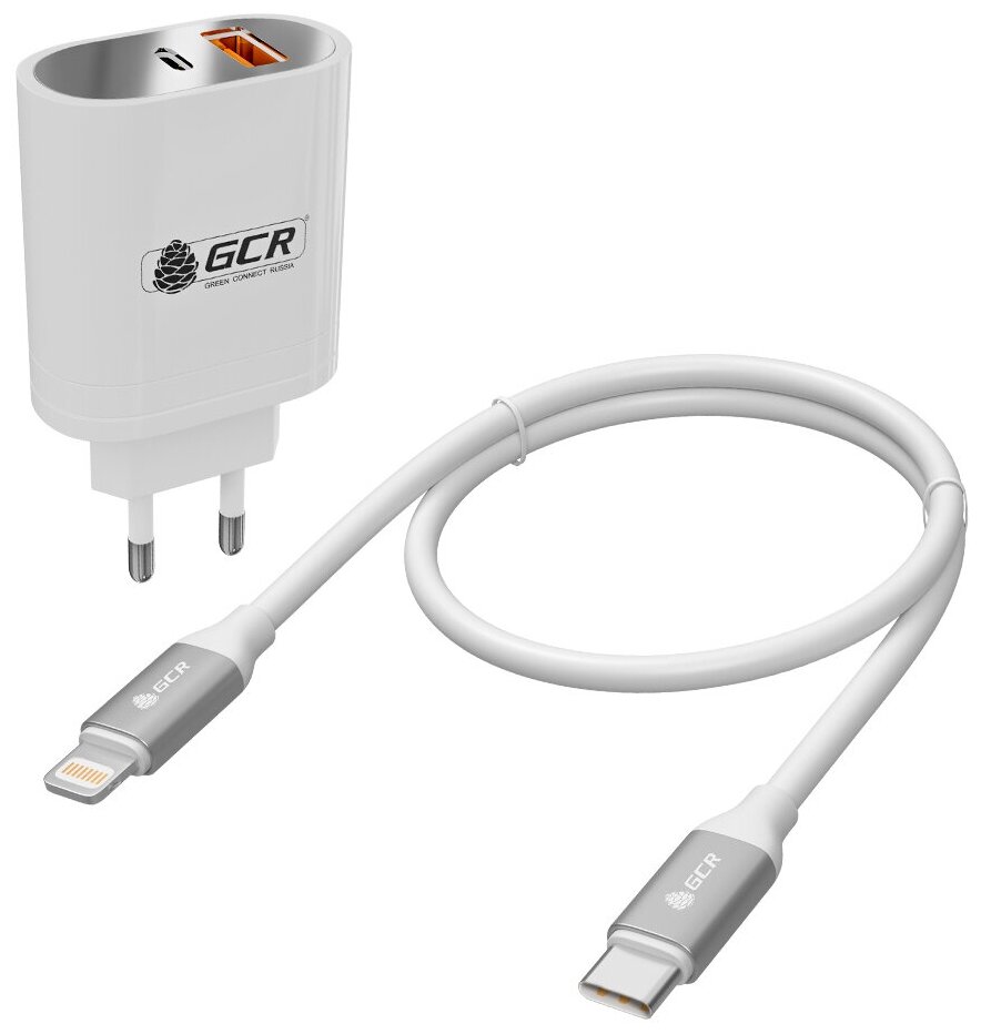 GCR Комплект сетевое зарядное устройство 36W на 2 USB порта QC3.0 + PD18W [TypeA + TypeC] + кабель TypeC/Lightning 1.0m