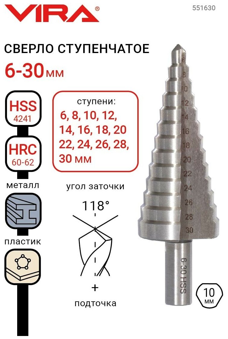 Сверло ступенчатое с трехгранным хвостовиком 6-30 мм VIRA